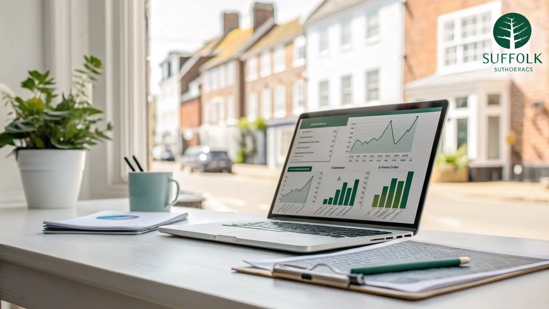 Professional SEO strategy meeting in a modern Suffolk office setting, focusing on data and growth.