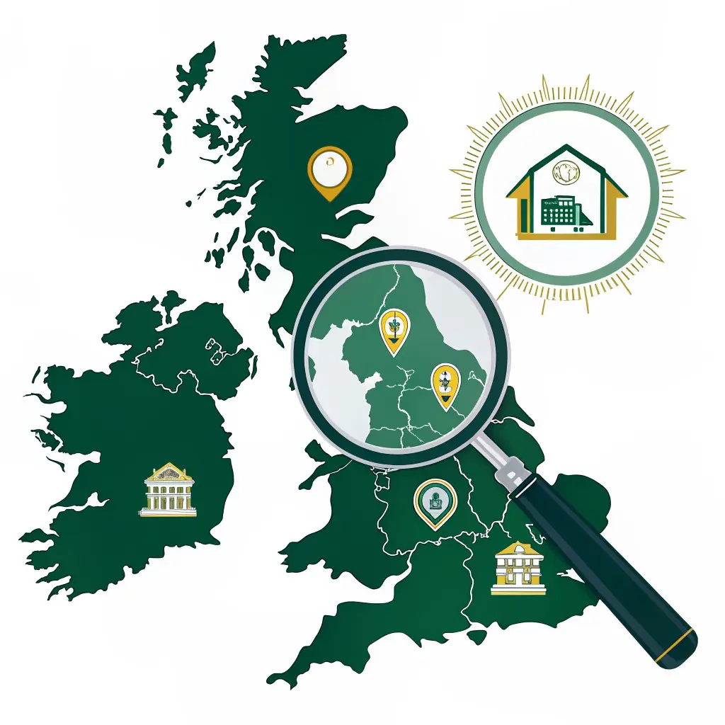 Local SEO map detective illustration showing a map of Suffolk and Essex with digital marketing icons.